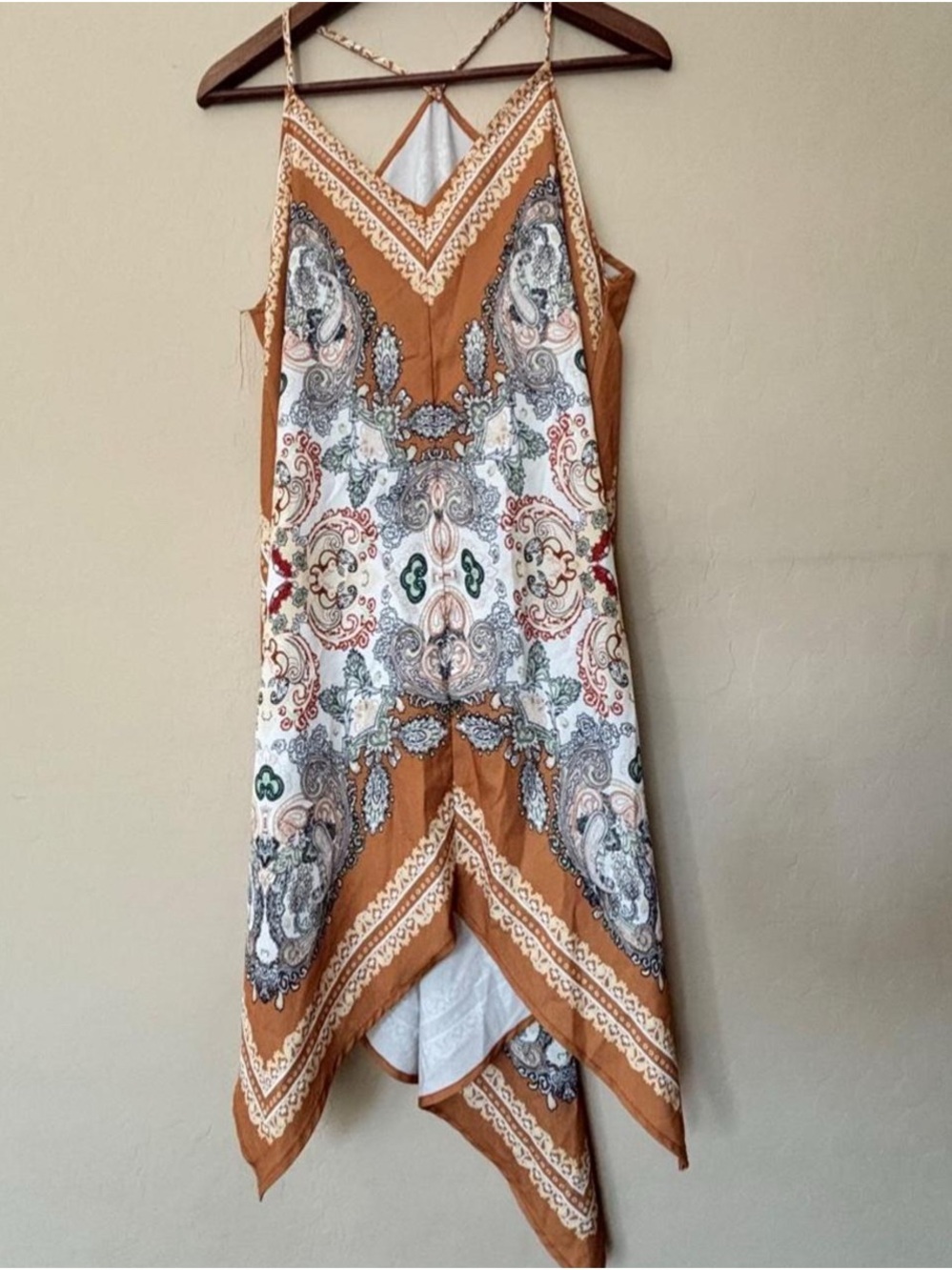 Boho Handkerchief Hem Slip Dress in Camel and Cream-Festival Paisley Summer